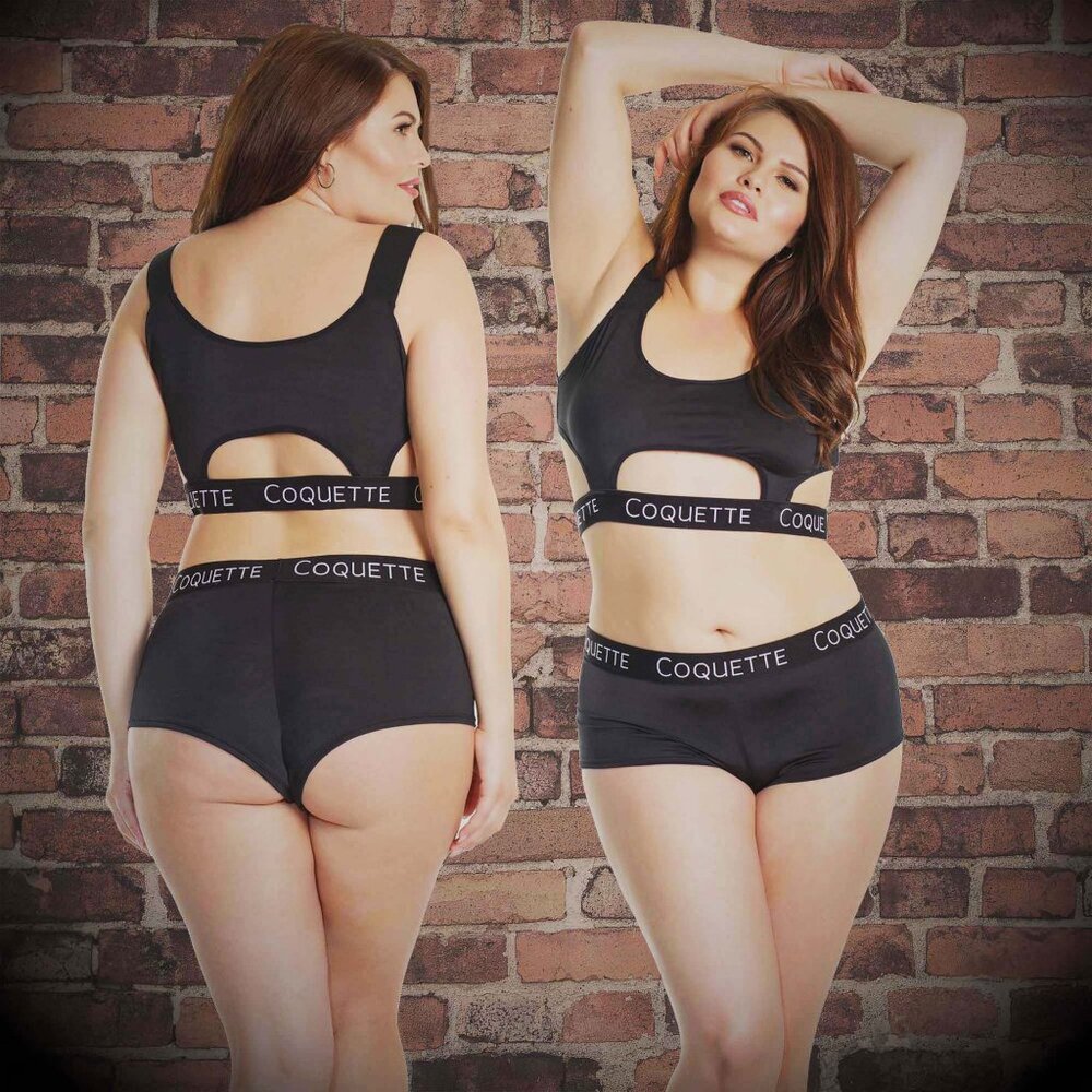 Microfiber Logo Bra Set Womens Plus Size OSXL Black Bralette and Boyshort Panty